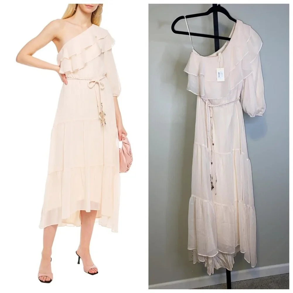 Maje One-shoulder ruffled georgette midi dress - Picture 1 of 8